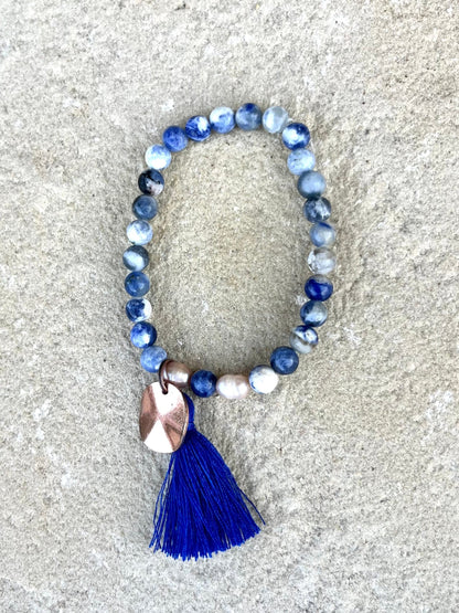 Blue Sodalite & Freshwater Pearl Stretch Charm Bracelet